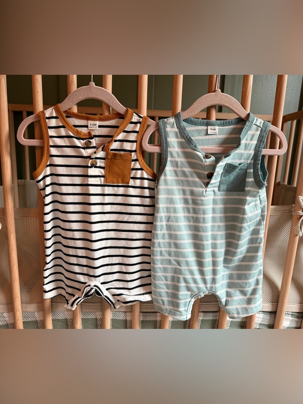 Baby Striped Sleeveless Romper - White & Mint |
